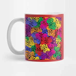 Colorful Tropical Monstera Deliciosa Plant Line Art On Black Pattern Mug